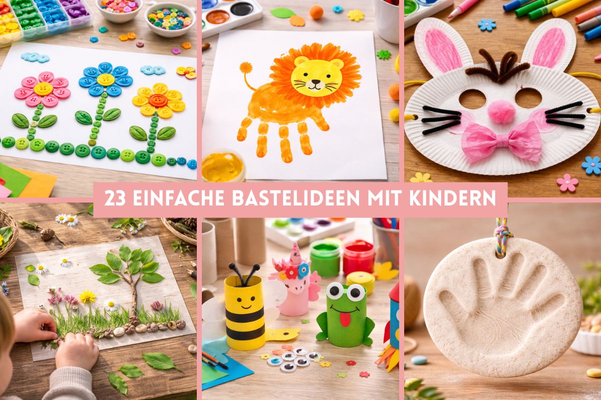 Collage mit einfachen Bastelideen für Kinder: Knopfbilder, Handabdruck-Löwe, Hasenmaske, Naturbild, Figuren aus Klopapierrollen und Salzteig-Handabdruck.