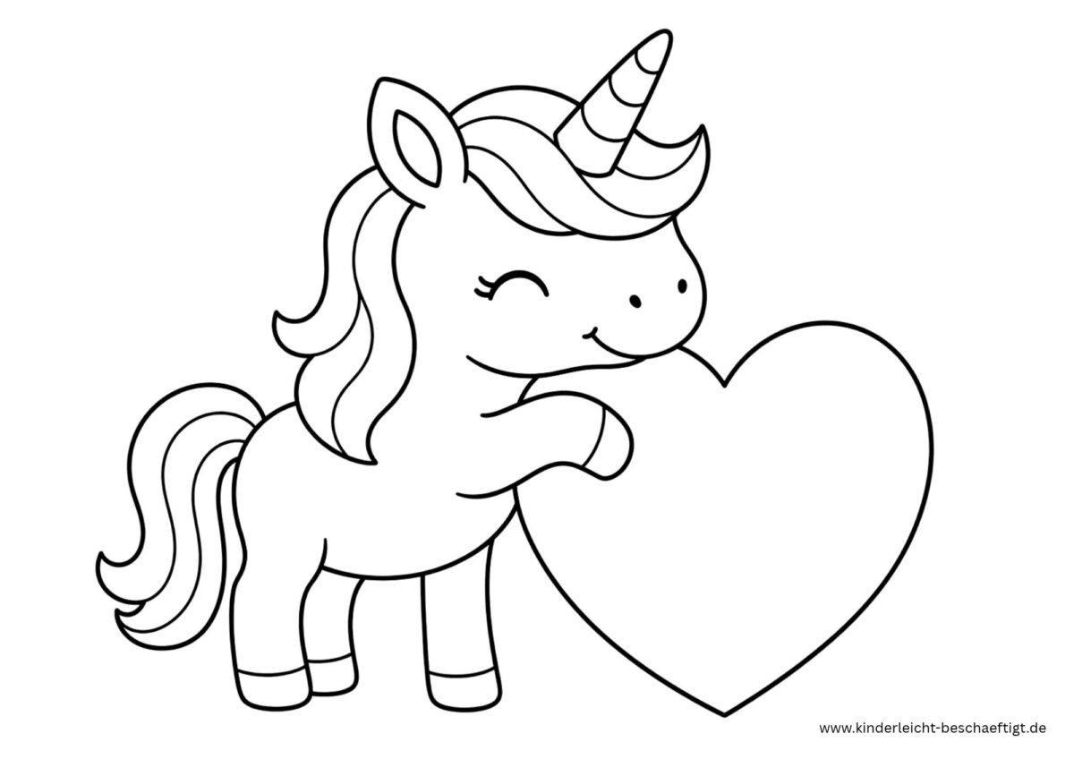 Einfaches Einhorn Ausmalbild mit großem Herz zum kostenlosen Ausdrucken