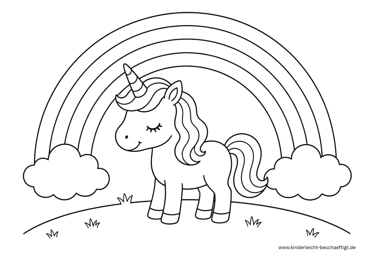 Einhorn unter einem Regenbogen als Ausmalbild zum kostenlosen Ausdrucken