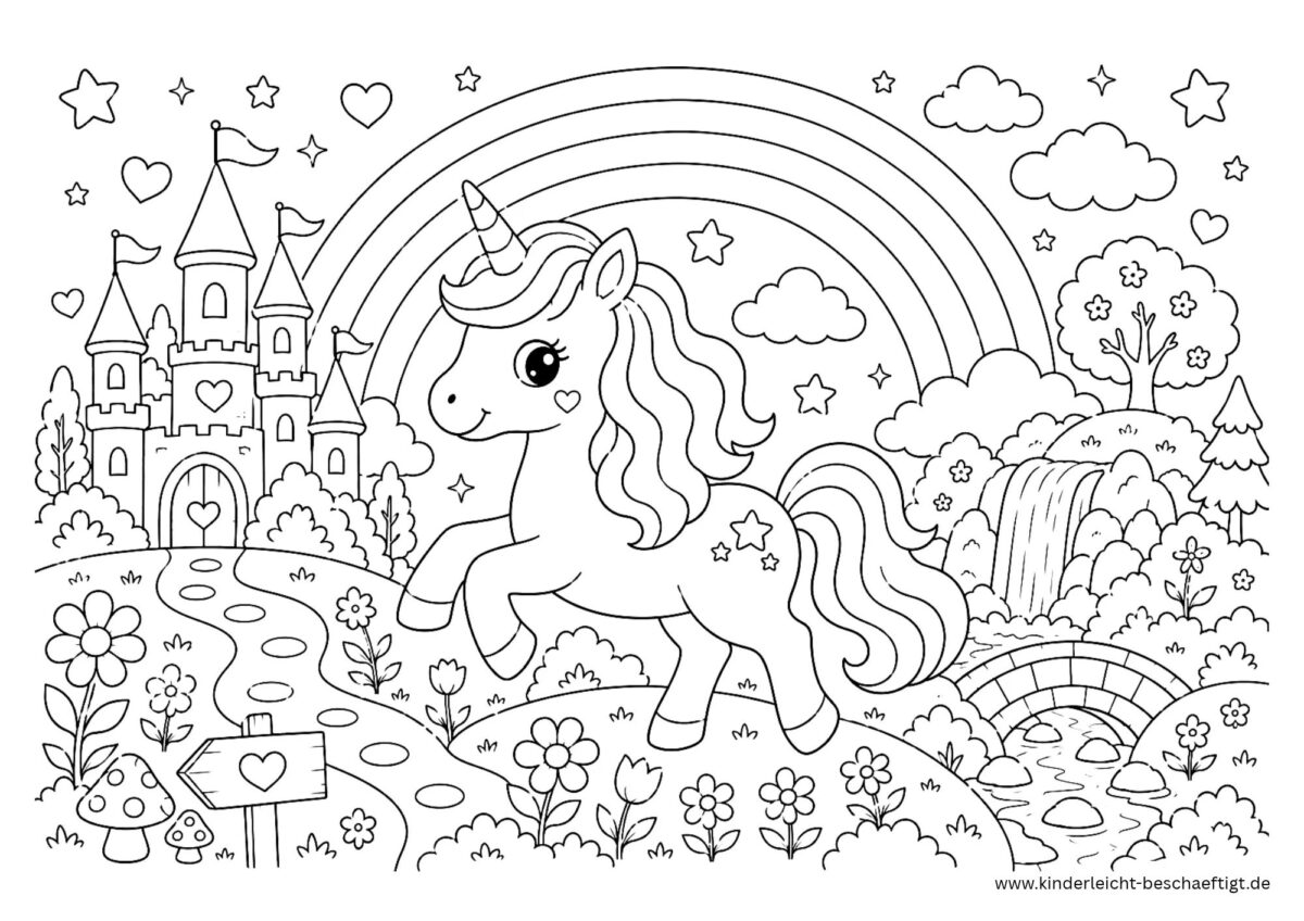 Einhorn im Regenbogenland mit Schloss, Regenbogen und Wolken als Ausmalbild