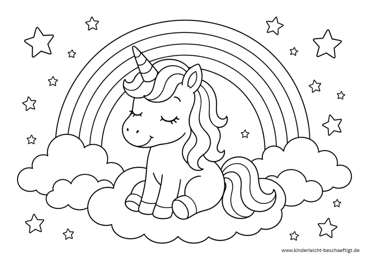 Einhorn auf einer Wolke mit Regenbogen und Sternen als Ausmalbild zum Ausdrucken