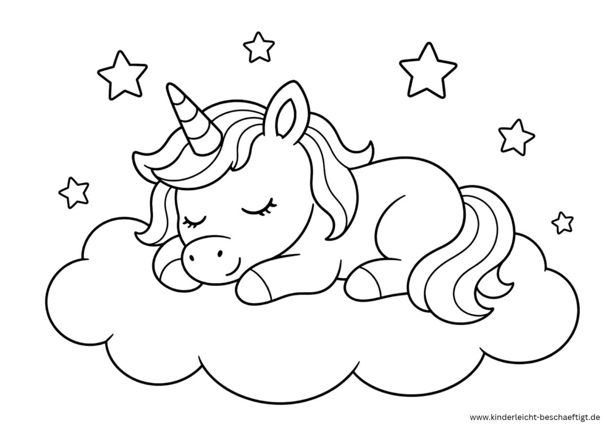 Schlafendes Einhorn auf einer Wolke als einfaches Ausmalbild zum Ausdrucken