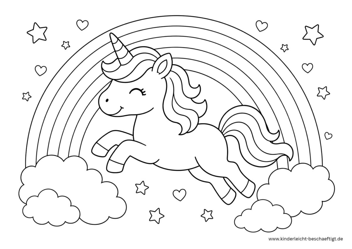 Springendes Einhorn vor einem Regenbogen als Ausmalbild zum Ausdrucken