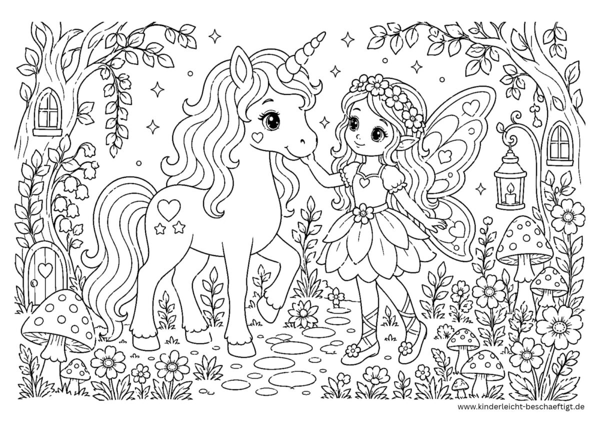 Einhorn und Fee im Zauberwald mit Blumen, Pilzen und Pflanzen als detailreiches Ausmalbild