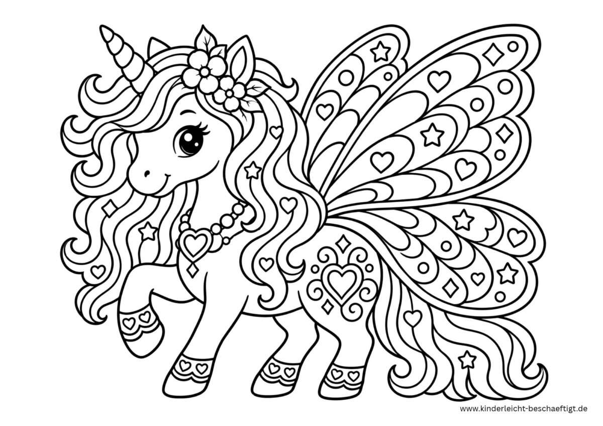 Einhorn mit großen Feenflügeln als detailreiches Ausmalbild zum Ausdrucken