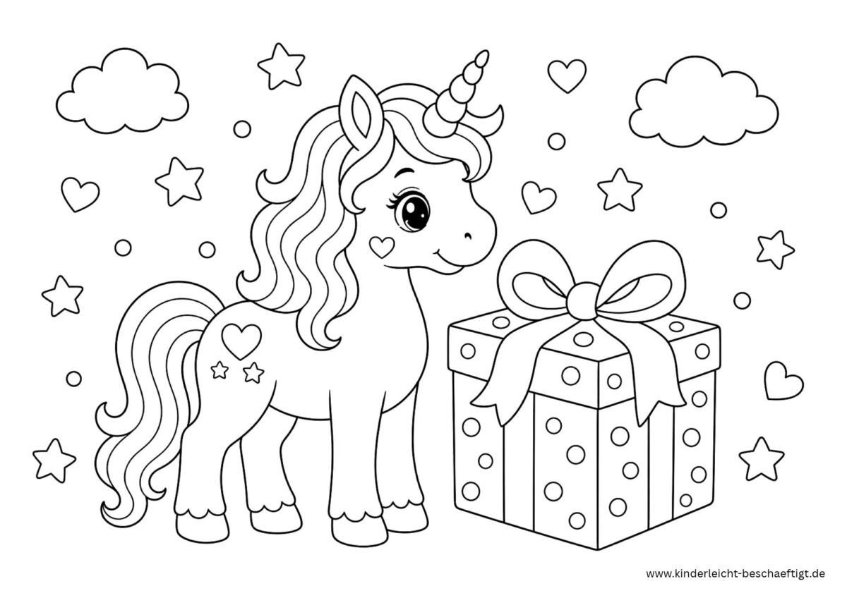 Einhorn mit großem Geschenk und Schleife als Ausmalbild zum Ausdrucken
