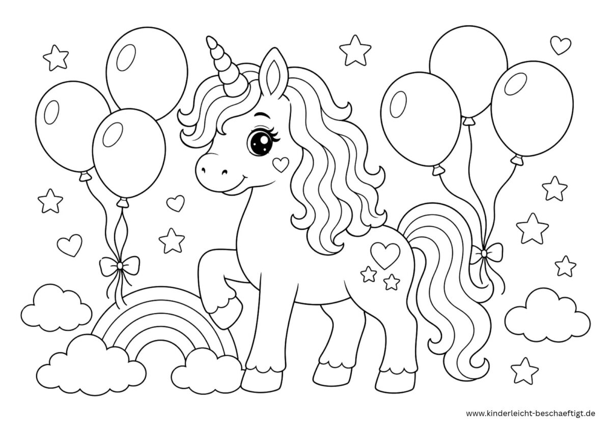 Einhorn mit Luftballons, Regenbogen und Wolken als Ausmalbild zum Ausdrucken