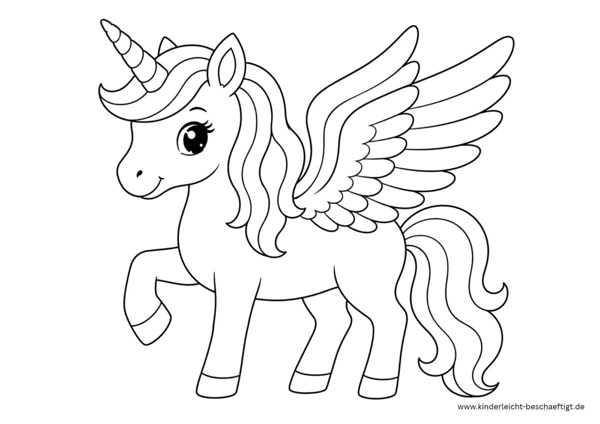Einfaches Einhorn mit Flügeln als Ausmalbild zum kostenlosen Ausdrucken
