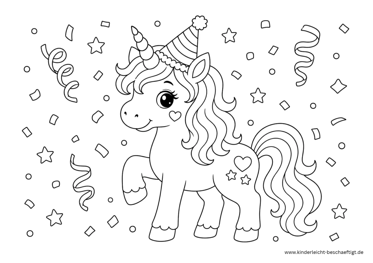Einhorn mit Partyhut, Konfetti und Luftschlangen als Ausmalbild zum Ausdrucken