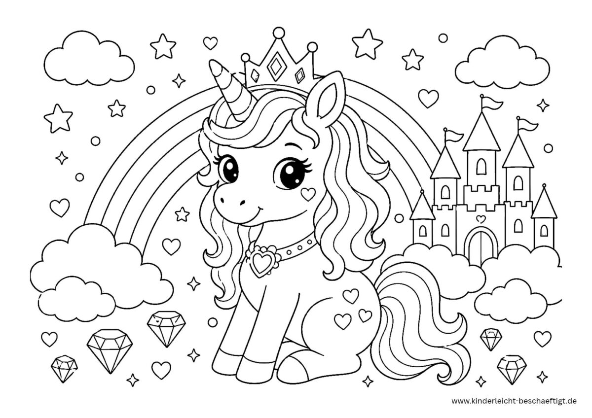Einhorn-Prinzessin mit Krone, Regenbogen und Schloss als Ausmalbild zum Ausdrucken