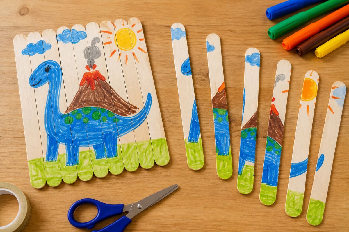 Eisstiel-Puzzle mit einem von Kindern gemalten Dinosaurier-Motiv aus Holzstäbchen als kreative Bastelidee für Kinder.
