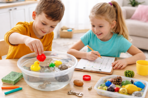 Kinder testen mit einer Schüssel Wasser, welche Gegenstände schwimmen oder sinken