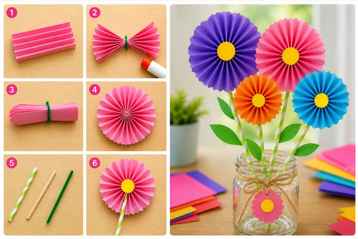 Fächerblume aus Papier basteln Schritt für Schritt Anleitung für Kinder mit buntem Papier und fertigen Papierblumen im Glas