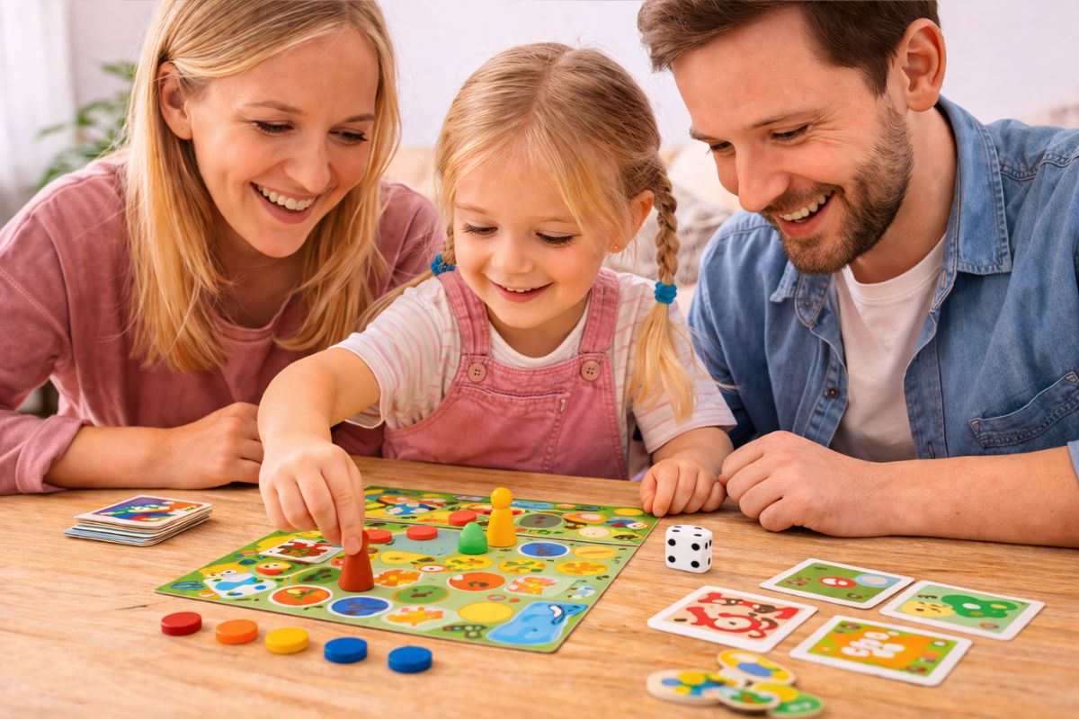 Familie spielt gemeinsam ein einfaches Gesellschaftsspiel – Familienspiele ab 4 Jahren für entspannte Spielrunden mit Kindern