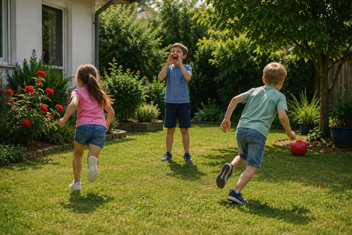 Kinder spielen Farbenlauf draußen im Garten und laufen zu roten Gegenständen und Blumen