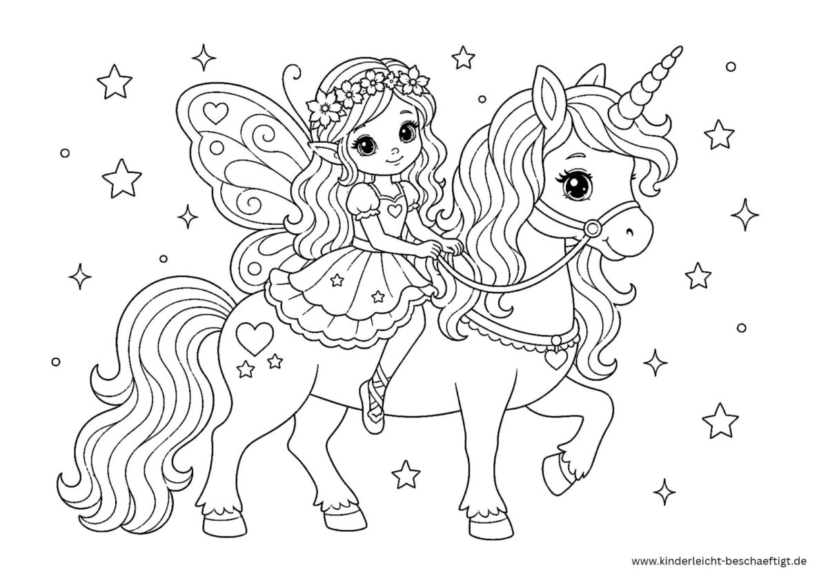 Fee auf einem Einhorn mit Flügeln und Sternen als Ausmalbild zum Ausdrucken