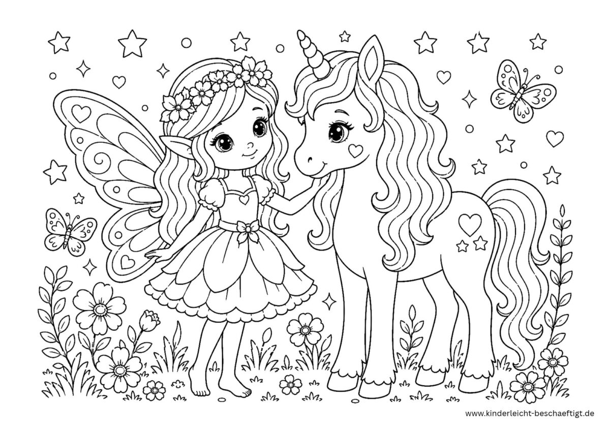 Fee neben einem Einhorn mit Blumen und Schmetterlingen als Ausmalbild zum Ausdrucken