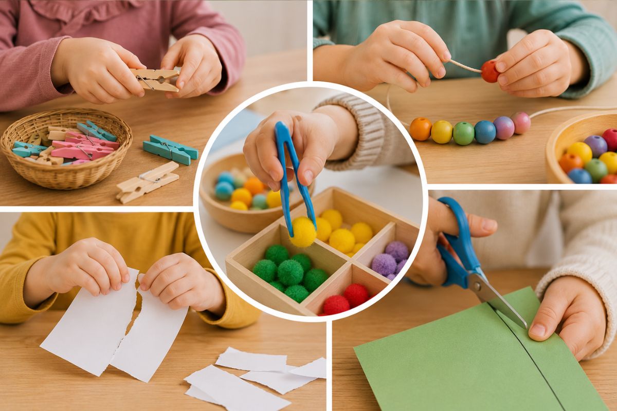 Feinmotorik-Übungen für Vorschulkinder wie Perlen auffädeln, Papier reißen, Schneiden und Pompons sortieren