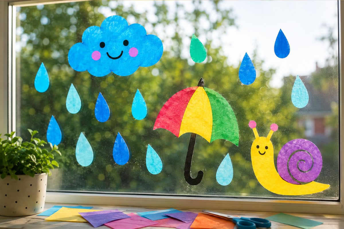 Fensterbilder für Kinder aus transparenter Folie basteln – selbstgemachte Fensterdeko mit Regentropfen, Wolke, Schnecke und Regenschirm