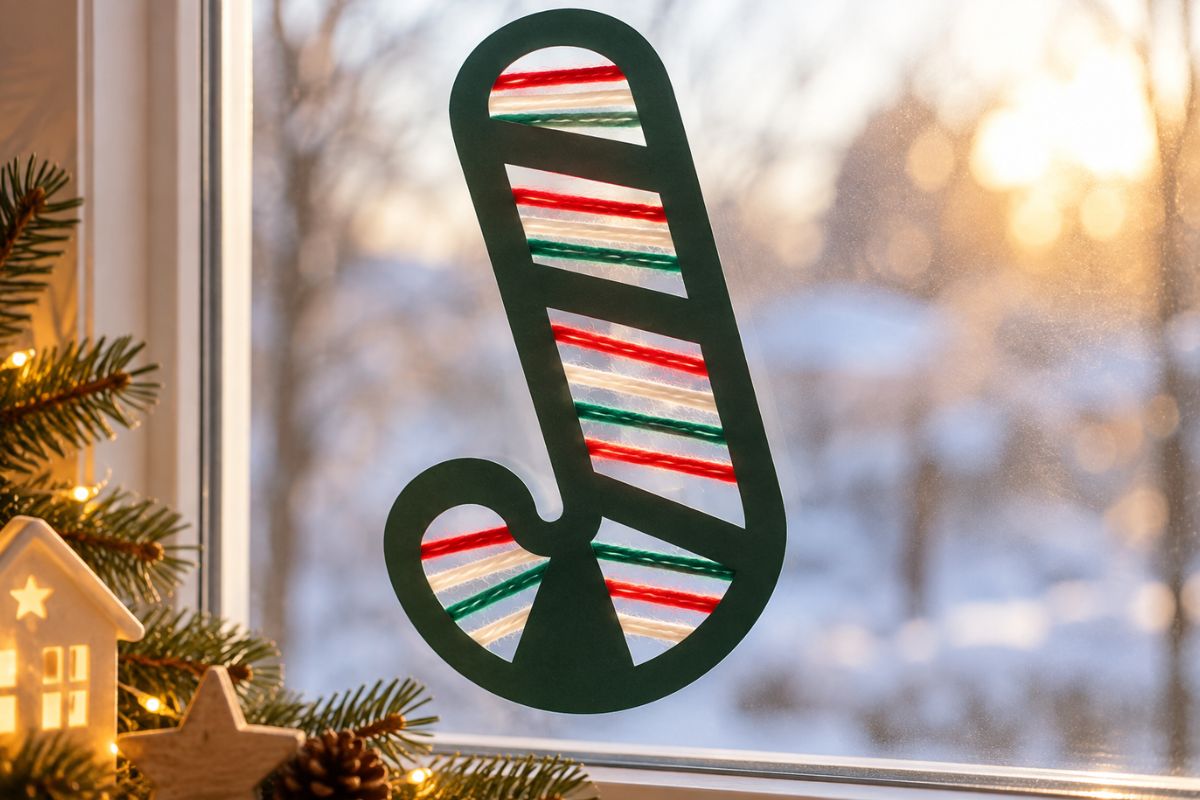 Fensterbild Weihnachten basteln: Zuckerstange aus Tonkarton mit bunten Wollfäden