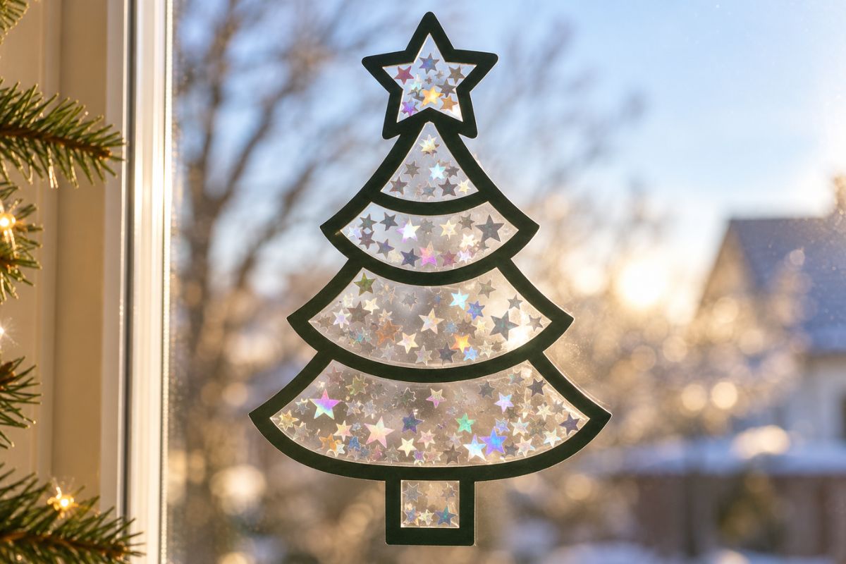 Weihnachts-Fensterbild mit transparenter Folie und Glitzersternen – Tannenbaum am Fenster