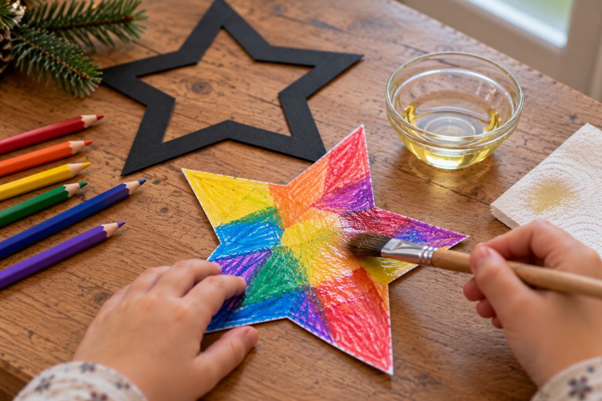 Fensterbilder Weihnachten mit Buntstiften und Öl basteln – Stern als einfache Weihnachts-Bastelidee