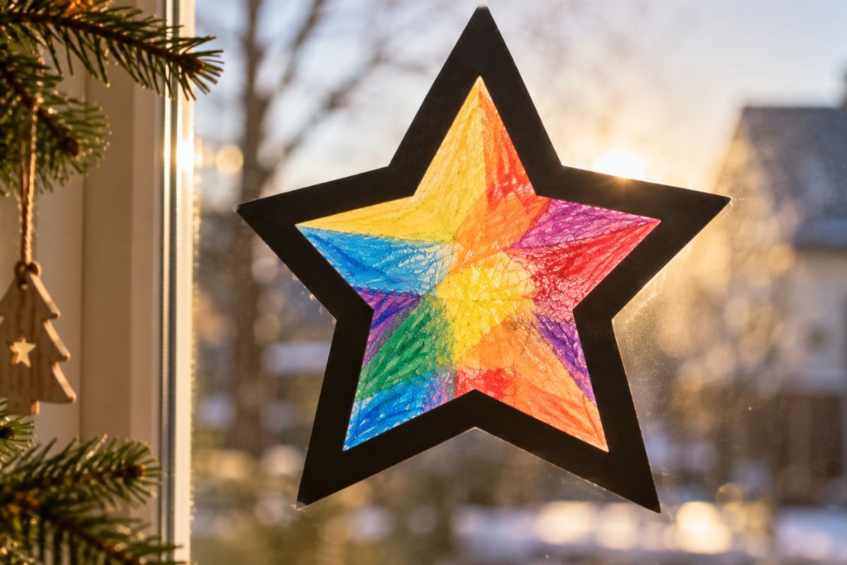 Fensterbild zu Weihnachten: bunter Stern mit Buntstiften und Öl am Fenster