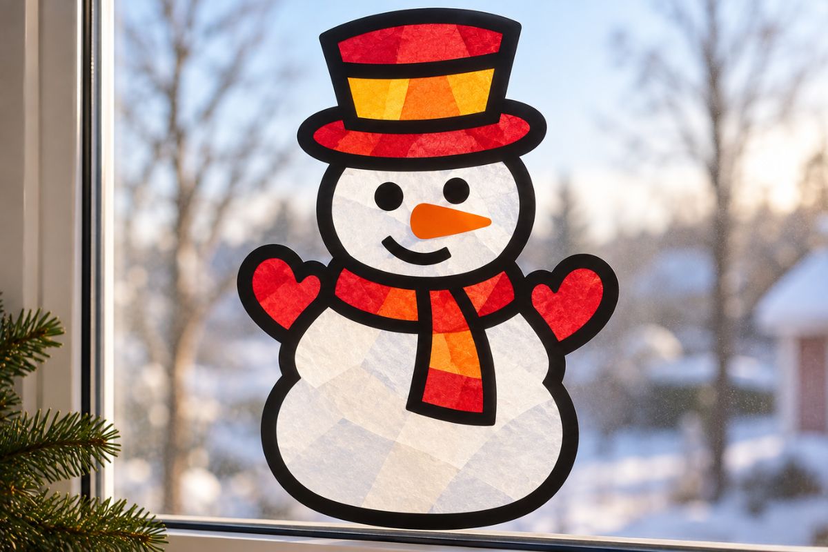 Fensterbild zu Weihnachten: Schneemann aus Tonkarton und Transparentpapier am Fenster