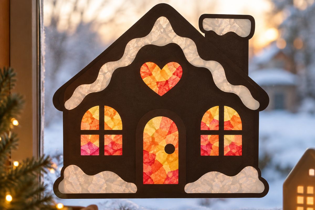 Weihnachtliches Fensterbild als Winterhaus aus Tonkarton und buntem Transparentpapier