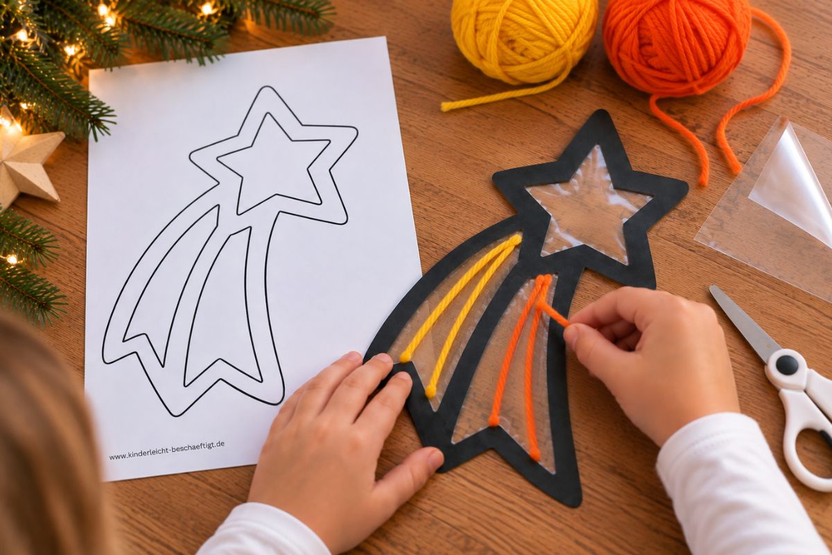 Fensterbild zu Weihnachten basteln: Kinderhände gestalten eine Sternschnuppe mit Wolle und transparenter Folie
