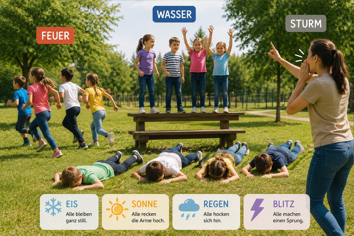 Kinder spielen Feuer Wasser Sturm draußen im Park – Bewegungsspiel für Kindergarten und Grundschule