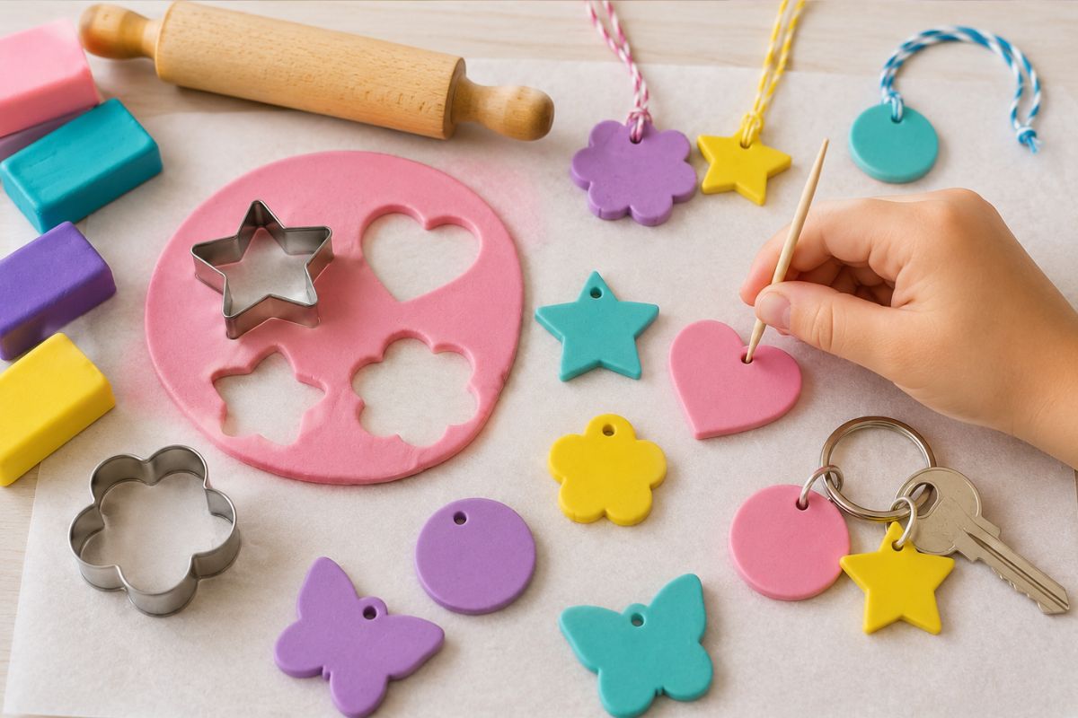 Bunte Fimo-Anhänger für Kinder mit Ausstechformen – Herzen, Sterne und Blumen aus Fimo Knete mit Loch zum Auffädeln