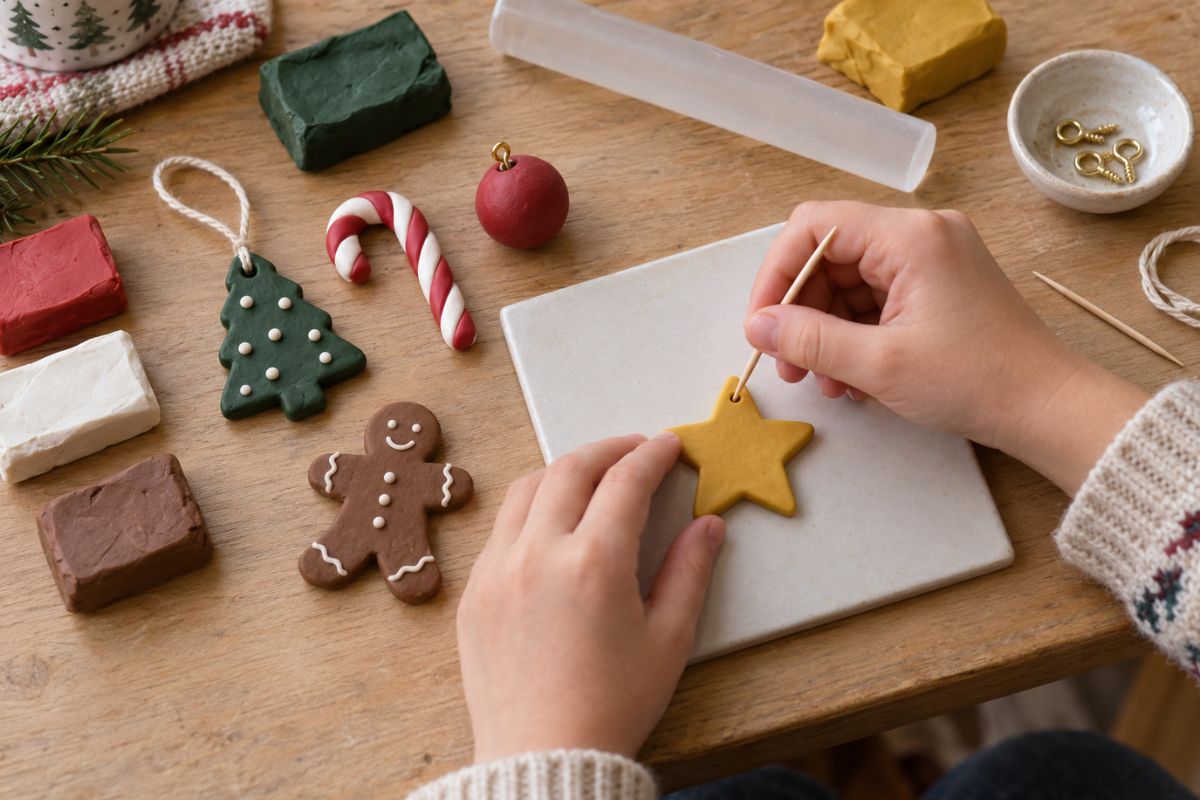 Kind gestaltet weihnachtliche Fimo-Anhänger und sticht ein Loch in einen Stern