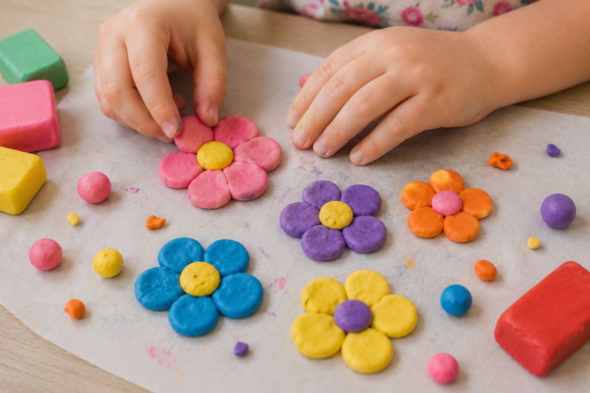 Einfache Fimo-Blumen für Kinder aus bunten Kugeln mit flach gedrückten Blütenblättern und farbiger Mitte