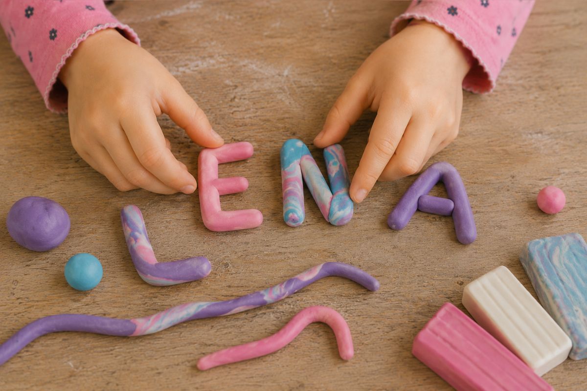 Kind formt bunte Buchstaben aus Fimo Knete für Namen, Anhänger, Magnete und Kinderzimmerdeko