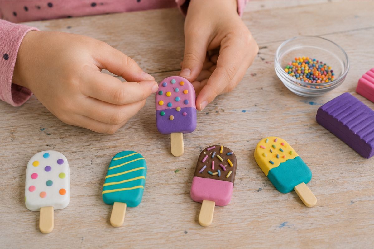 Bunte Eis am Stiel aus Fimo Knete für Kinder mit Streuseln, Punkten und einfachen Verzierungen