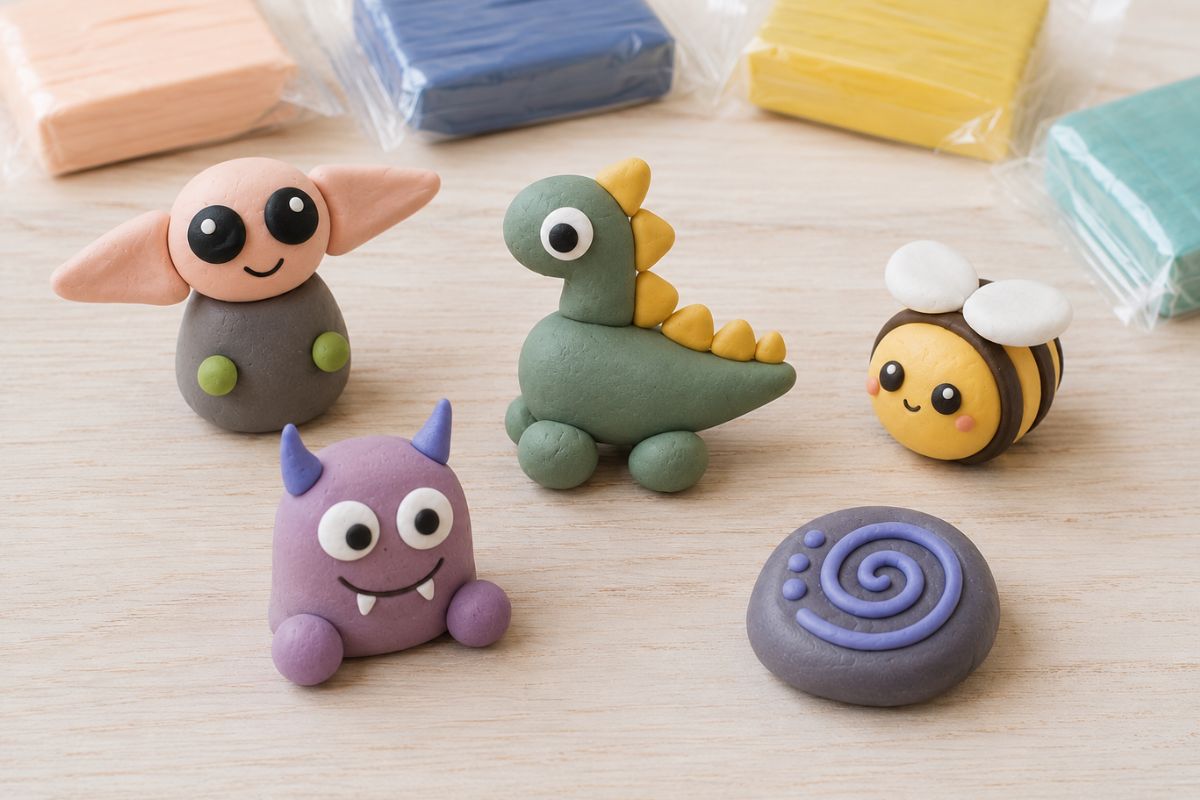 Einfache Fimo-Figuren für Rollenspiele aus bunten Kugeln und Würsten – Fantasiewesen, Dino, Biene, Monster und Zauberstein für Kinder