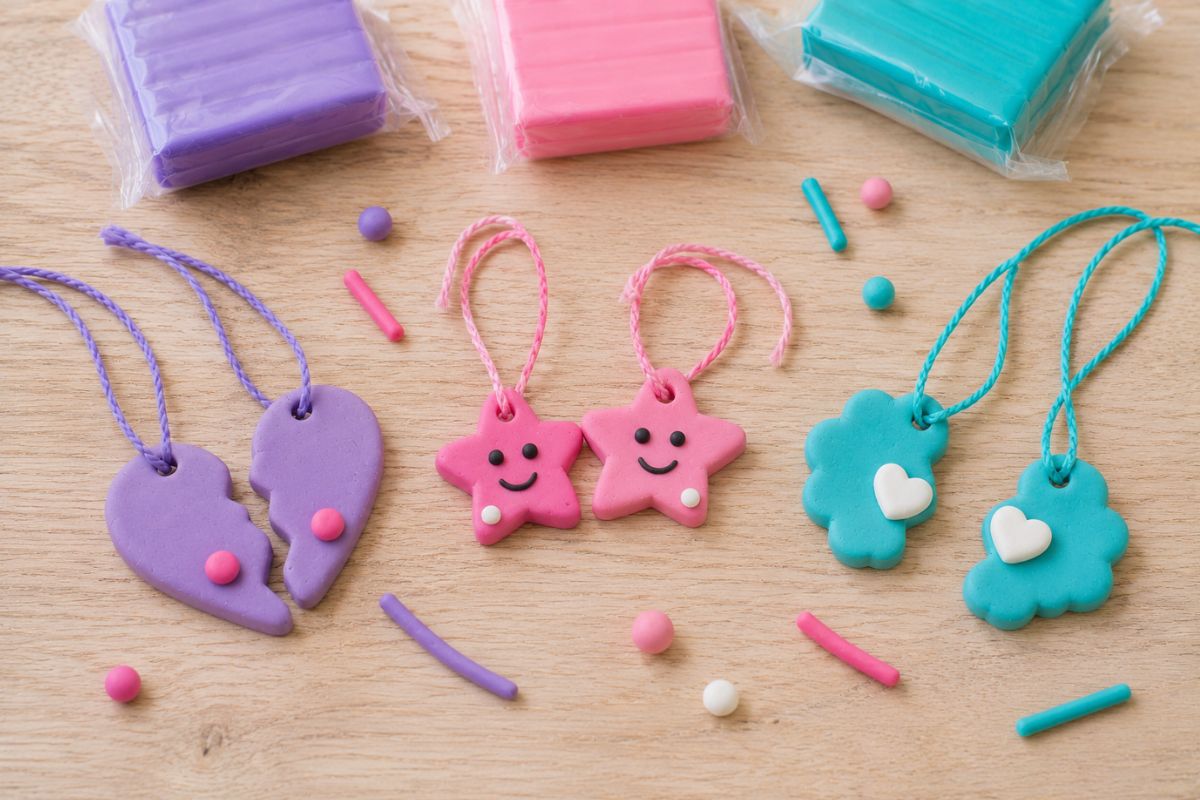 Selbstgemachte Freundschaftsanhänger aus Fimo für Kinder mit passenden Herzen, Sternen und Kleeblättern