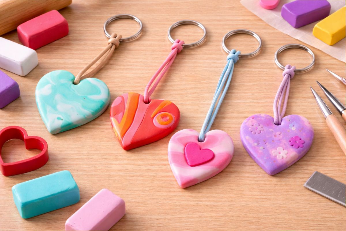 Bunte Herzanhänger aus Fimo mit Marmormuster und Farbverläufen, einfache Bastelidee für Kinder zum Muttertag