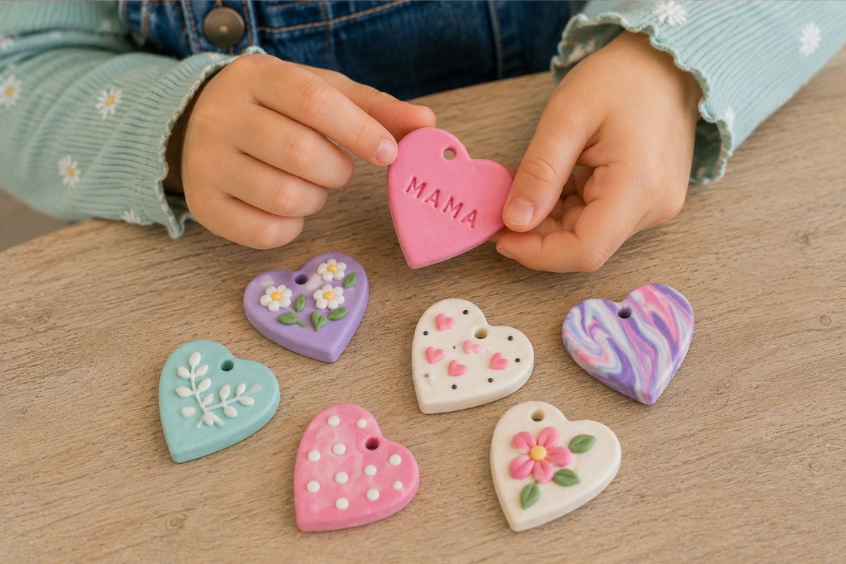 Kind hält ein Herz aus Fimo mit der Aufschrift Mama – bunte Herzanhänger aus Fimo als selbstgemachtes Geschenk