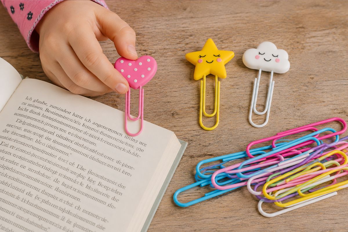 Kind gestaltet ein Fimo-Lesezeichen mit großer bunter Büroklammer und Herzmotiv für Bücher und Hefte