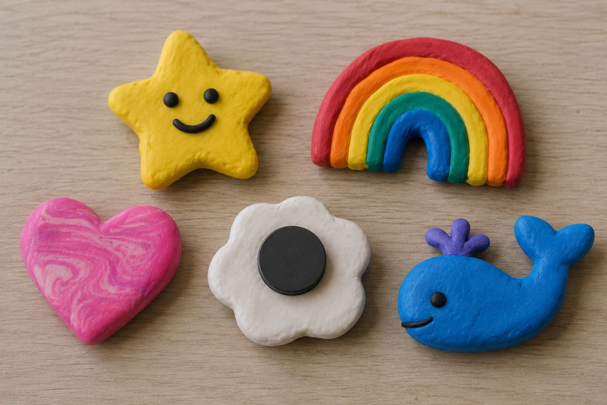 Einfache Fimo-Magnete für Kinder mit Stern, Regenbogen, Herz, Wal und Blume – ein Magnet ist von hinten mit Magnetplatte zu sehen