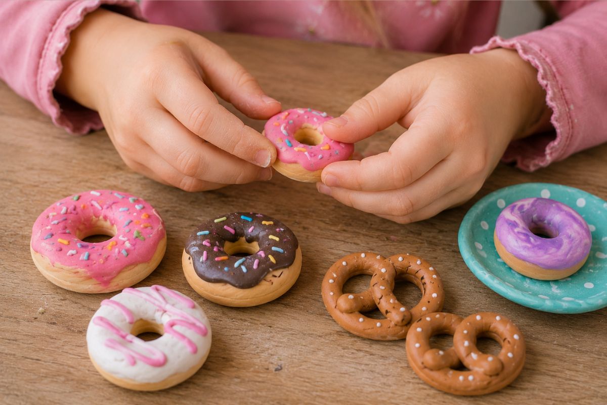 Kind gestaltet Donuts und Brezeln aus Fimo Knete für die Kinderküche – einfache Mini-Lebensmittel mit sichtbaren Fimo-Schichten