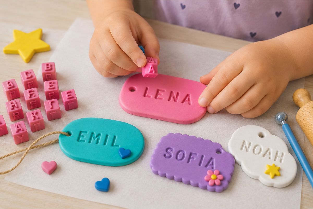 Kind gestaltet ein buntes Namensschild aus Fimo Knete und stempelt den Namen in die flache Modelliermasse