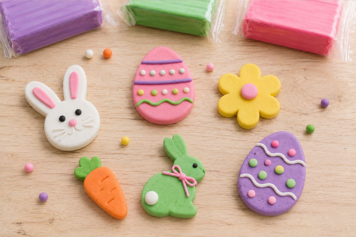 Einfache Osterdeko aus Fimo für Kinder mit Hase, Ostereiern, Blume und Möhre aus ausgestochenen Formen