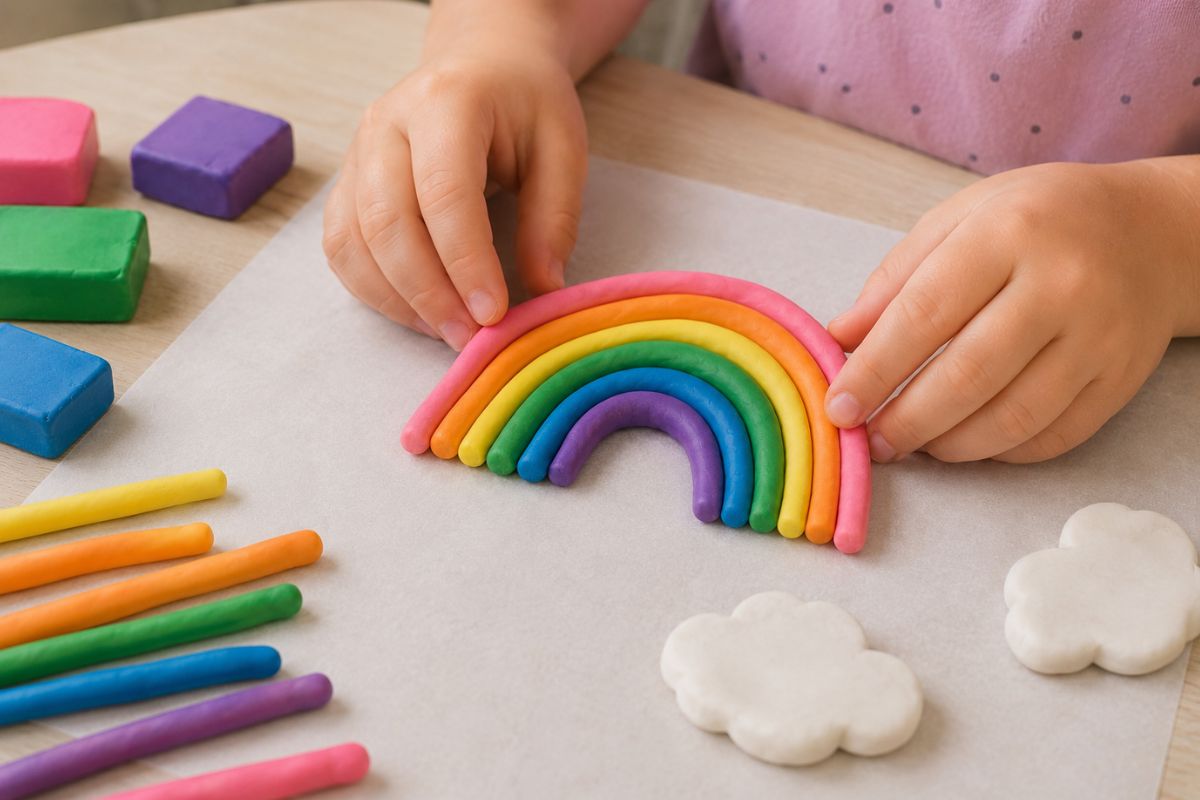 Einfacher Regenbogen aus Fimo für Kinder aus mehreren bunten Fimo-Rollen als Anhänger oder Dekoration