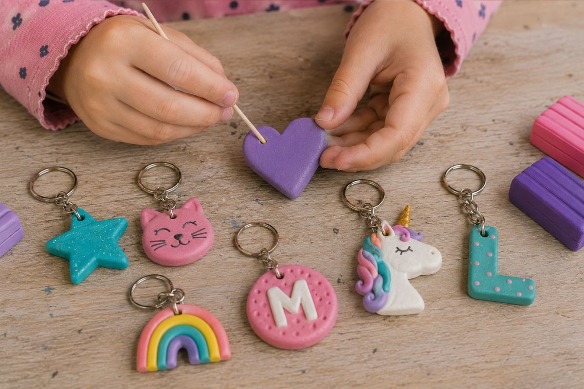 Kind sticht ein Loch in einen Fimo-Schlüsselanhänger aus Herzform – bunte Anhänger aus Fimo Knete mit Sternen, Buchstaben und Regenbogen