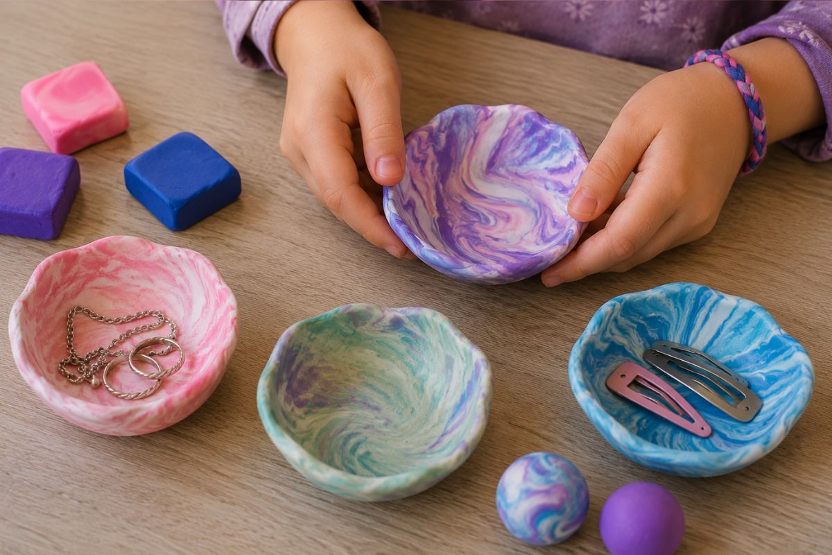 Marmorierte Schmuckschalen aus Fimo für Kinder in Blau, Rosa und Lila für Ringe, Haarspangen und kleine Schätze