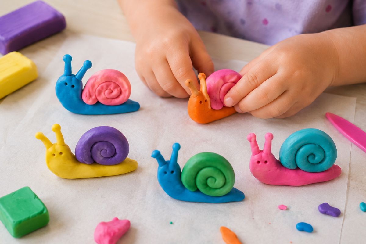 Einfache bunte Fimo-Schnecken für Kinder aus gerollten Fimo-Würsten und spiralförmigen Schneckenhäusern