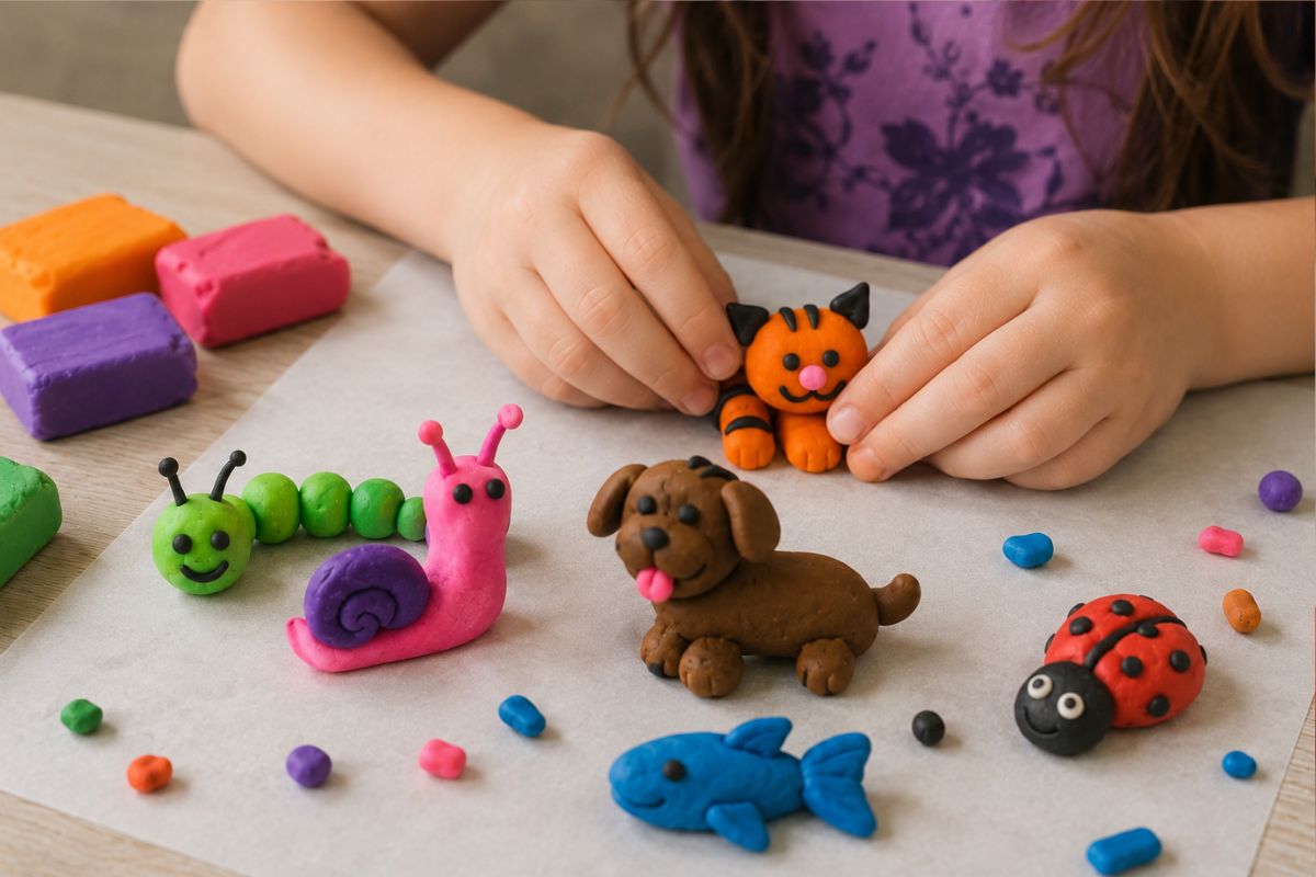 Einfache Fimo-Tiere für Kinder aus Kugeln und Rollen geformt – Raupe, Schnecke, Hund, Katze, Fisch und Marienkäfer aus Fimo Knete